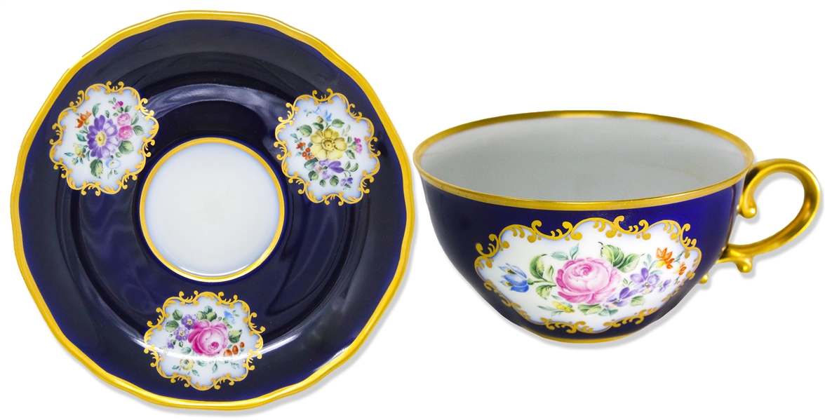 Margaret Thatcher Personally Owned China -- Tea Cup & Saucer in a Navy Blue Floral Pattern
